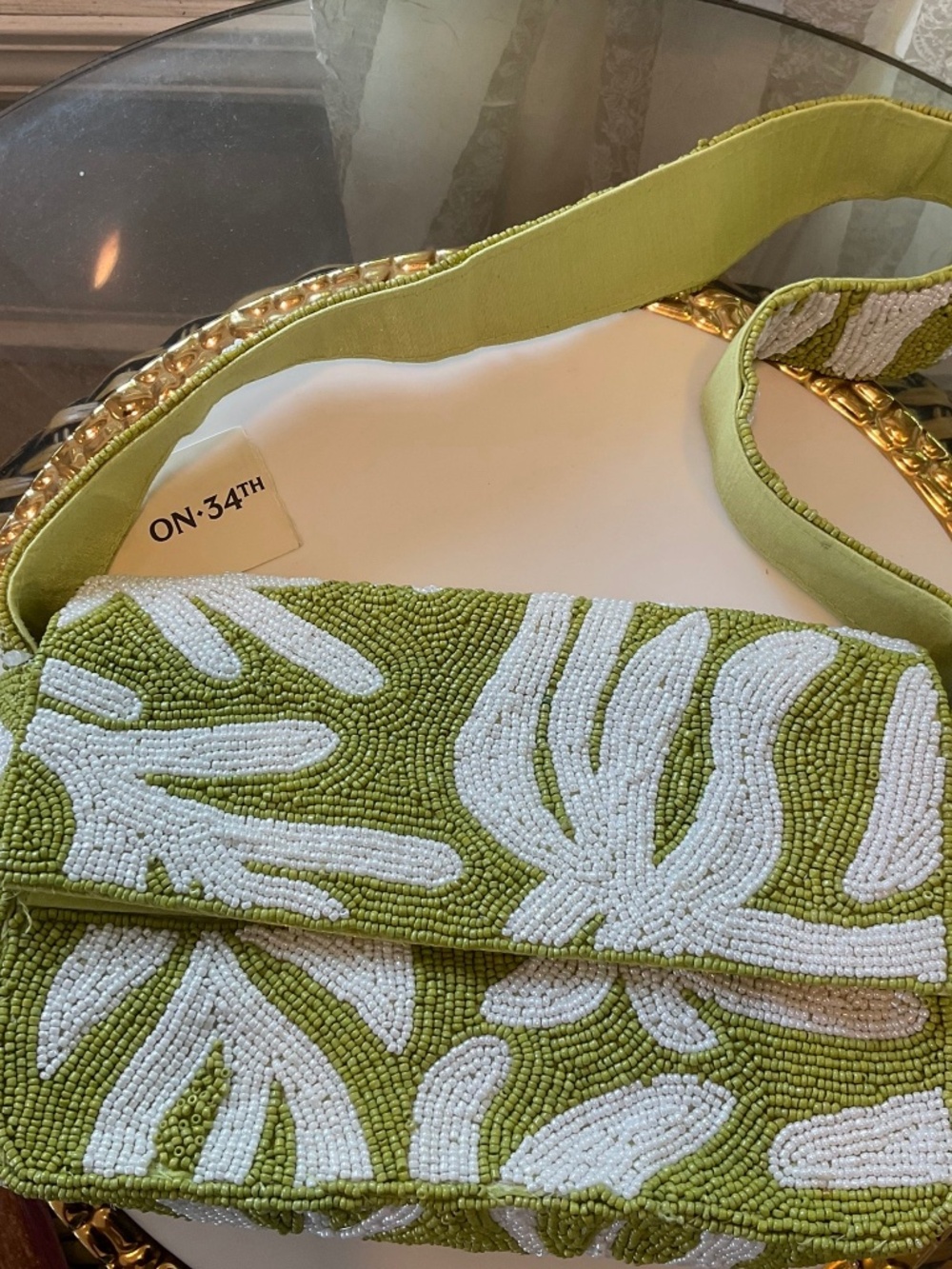On 34th Lovely Green/White Beaded Bag NWT